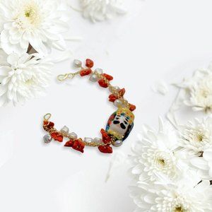 Bracelet with caltagirone ceramic flower lava stone and river pearl